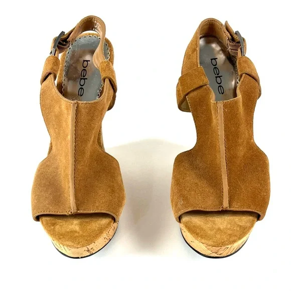 Bebe Brown Suede Open Toe Cork Wedges